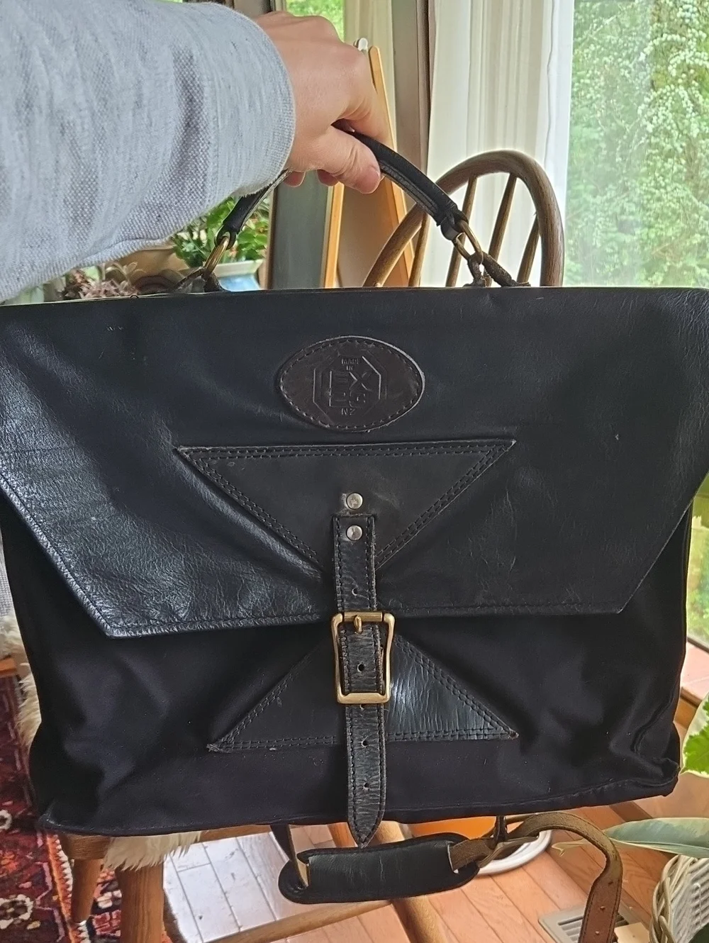 Vintage Black Leather-Trim Briefcase Bag - Made In NZ, EX23